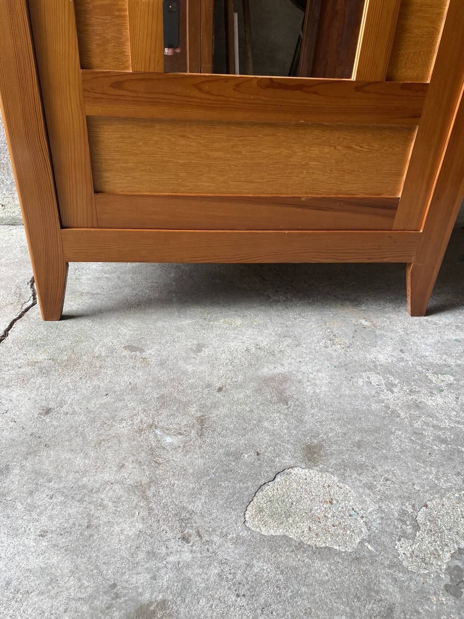 Vintage Parisian wardrobe with one mirrored door from the 60s in pine and wood