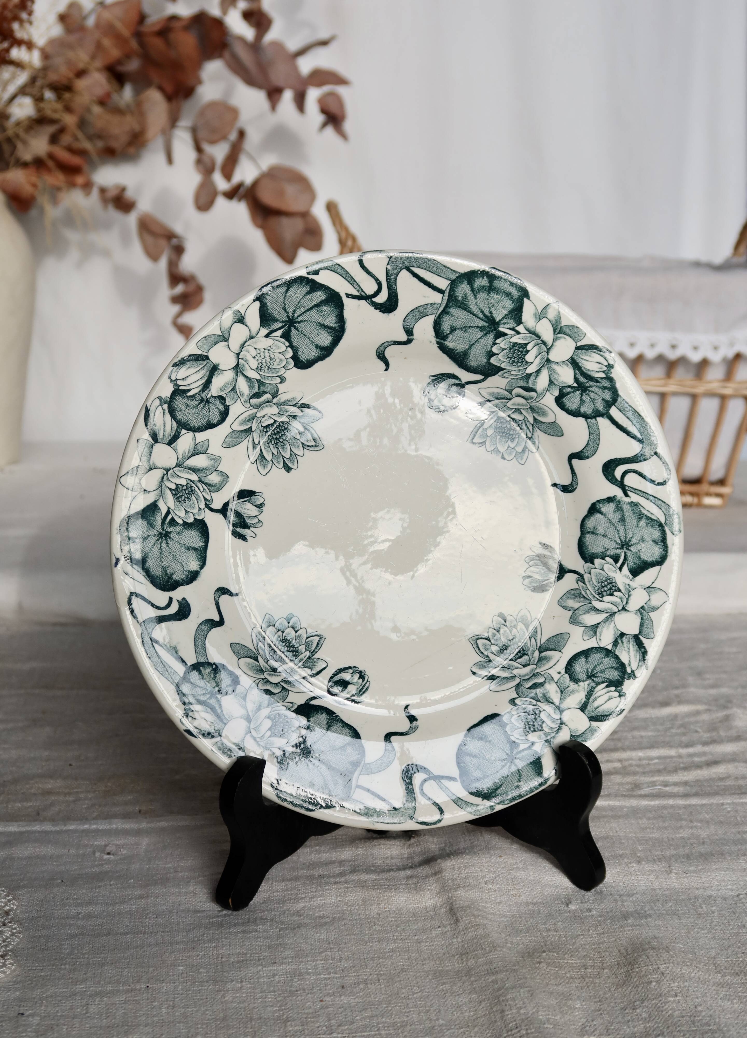 Assiette à dessert ancienne terre de fer Salins modèle Nénuphar