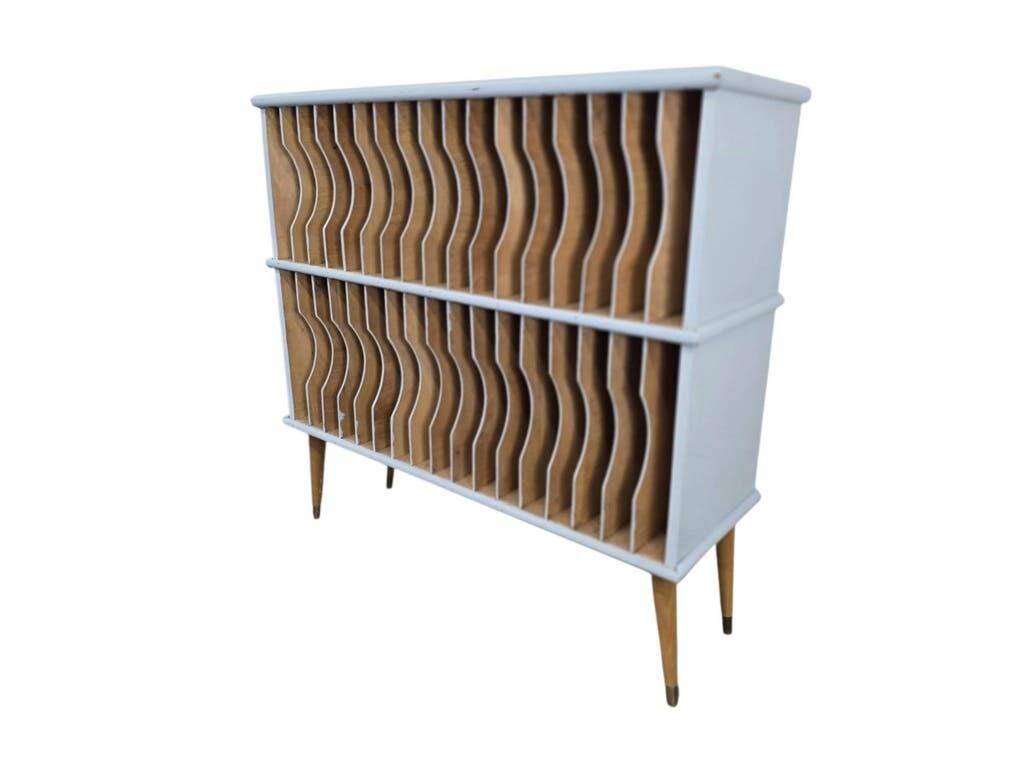 Vintage mint blue wooden display cabinet / storage system for vinyl records