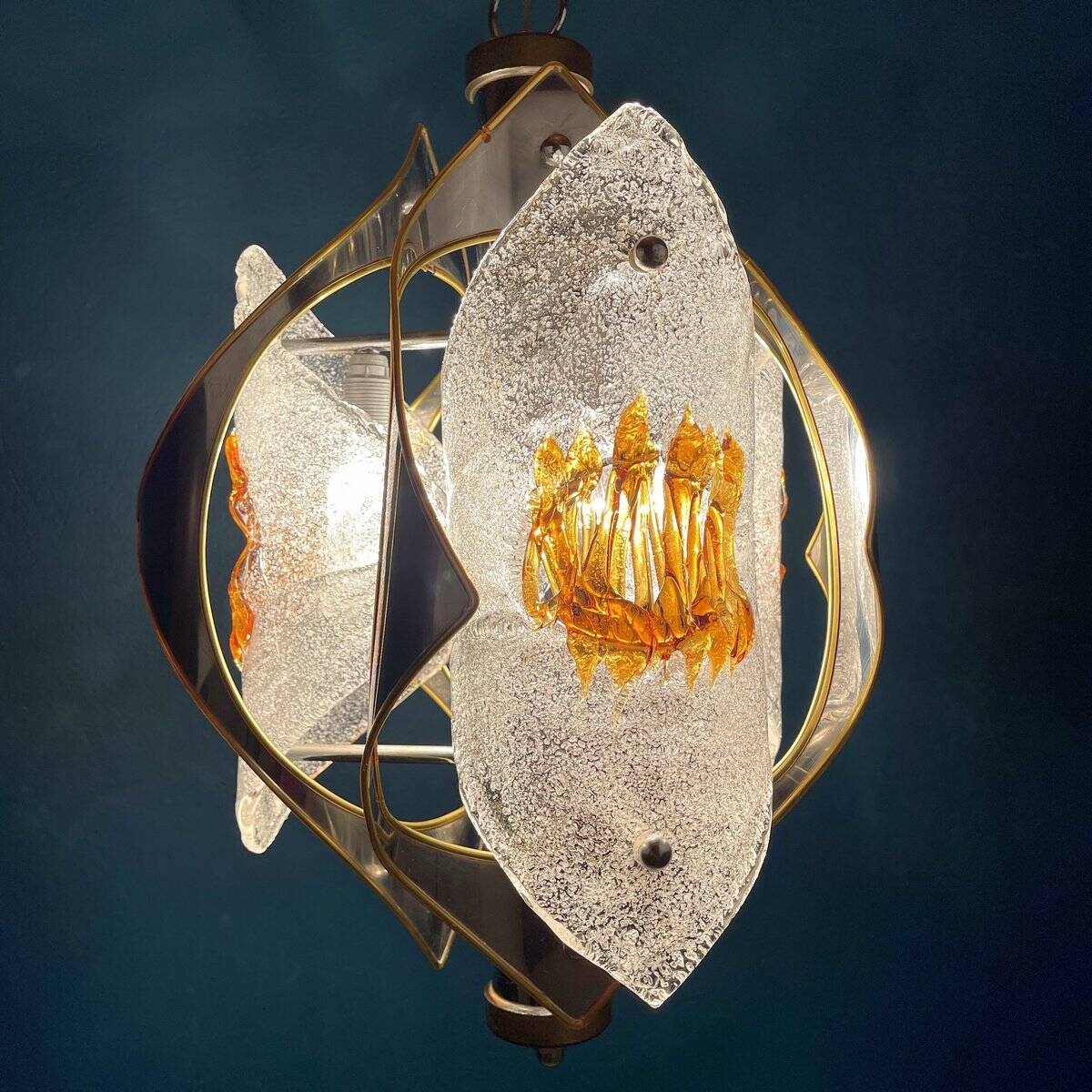 Amber chrome chandelier Murano mid-century by Toni Zuccheri for Mazzega, Italy, 1970s.