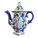 Cobalt blue teapot with flower pattern. Hexagonal teapot
