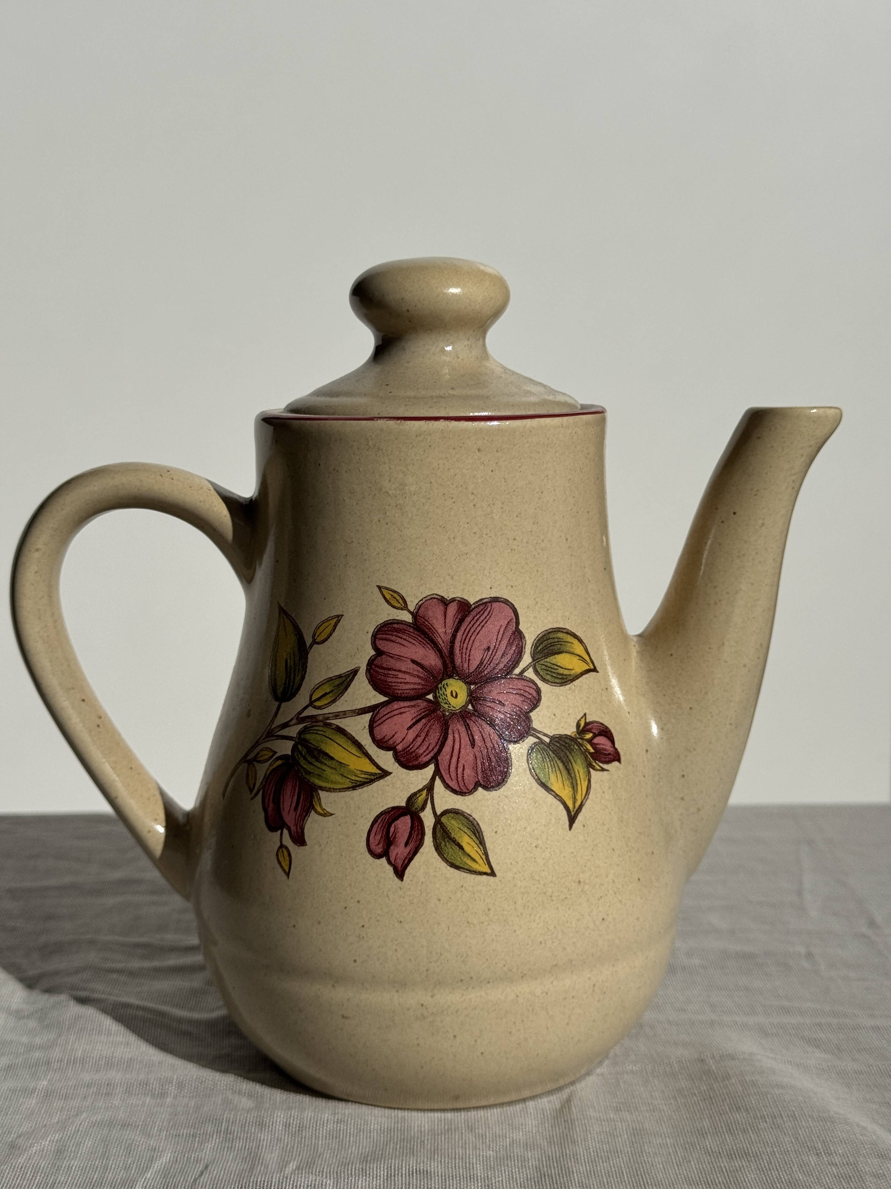 Vintage beige stoneware teapot with pink flower pattern H22