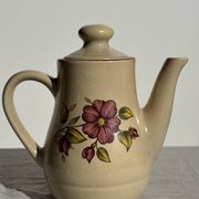 Théière en grès beige vintage à motif de fleurs roses H22