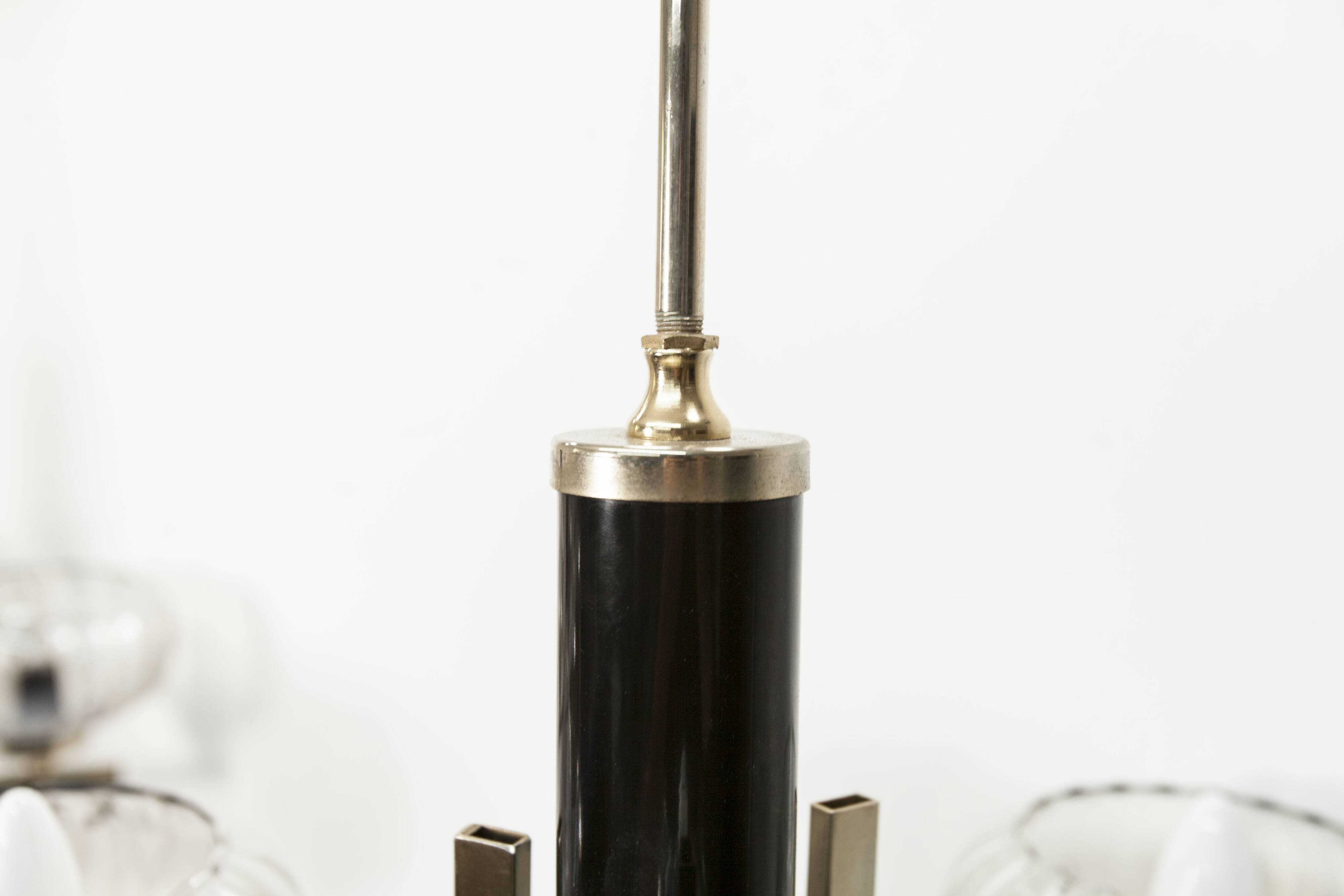 See Delmas chandelier, 3 arms, black and gold, clear glass, 1960