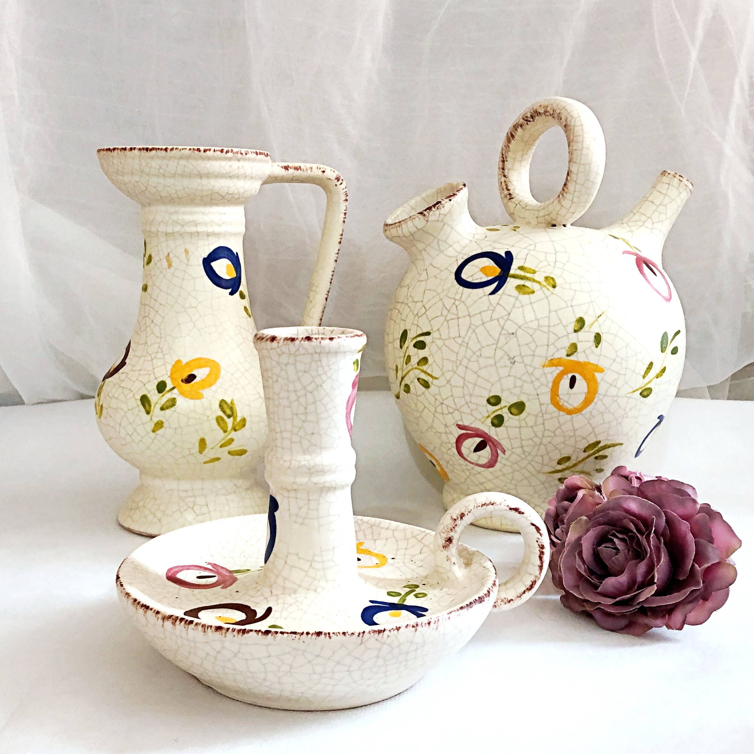 Carafe, gargoulette and candlestick artisanal pottery by Angèle de Poët-Laval