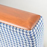 Mid- century modern armchair, 1970s, restored, blue and white velvet, pied de poule fabric