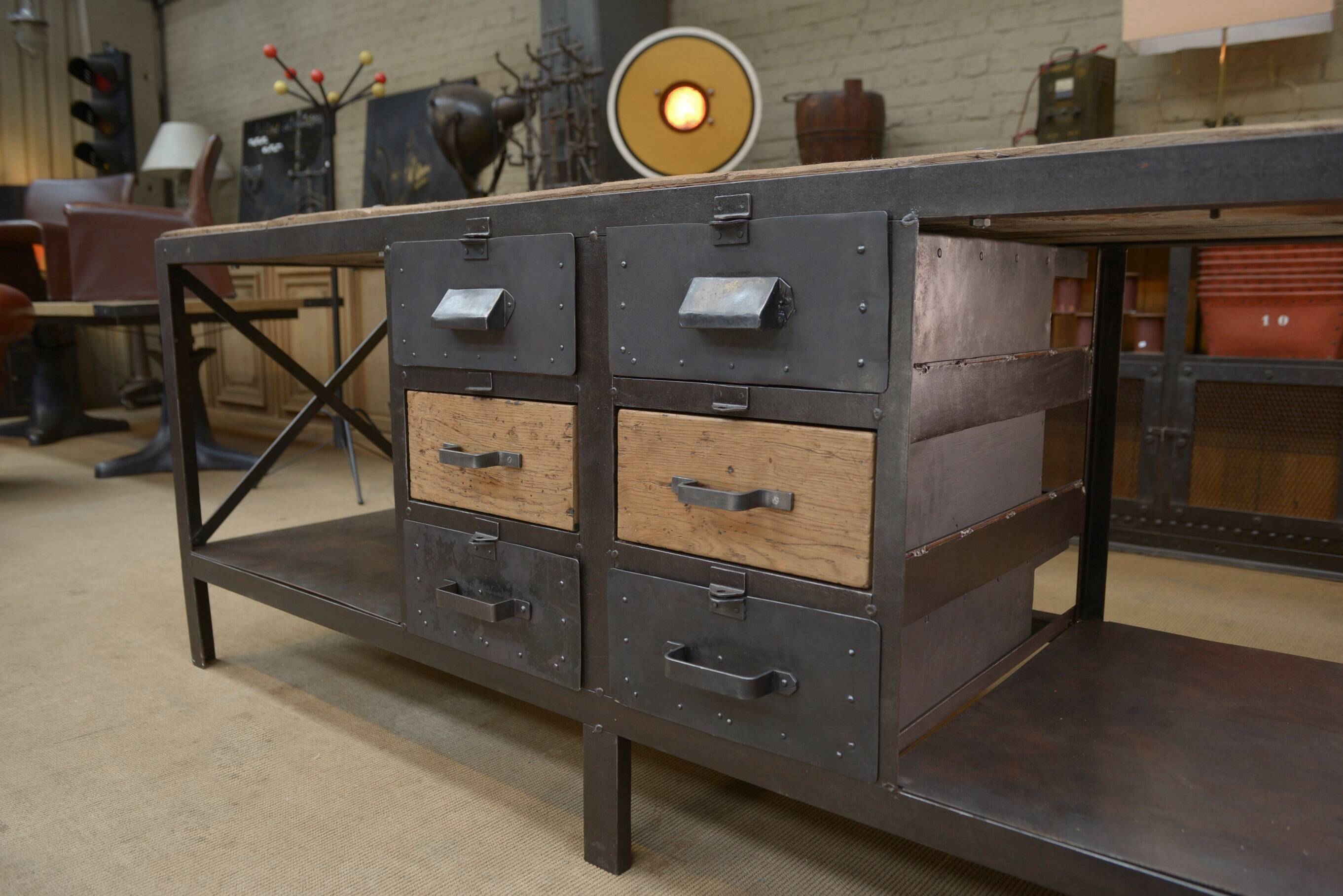 Industrial sideboard from metal and wood factory 1950