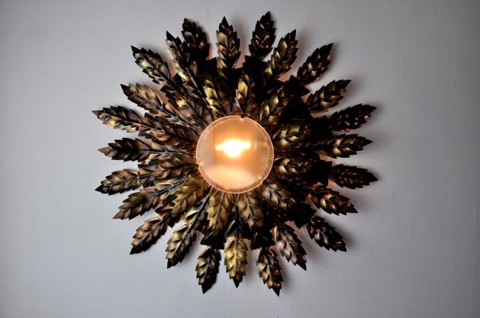 Floral wall lamp sun, golden metal, italy, 1970