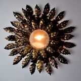 Floral wall lamp sun, golden metal, italy, 1970