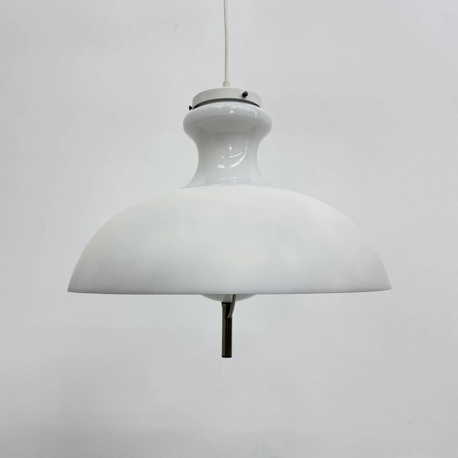 Vintage glass hanging lamp with metal shade minimalist design, 1970s