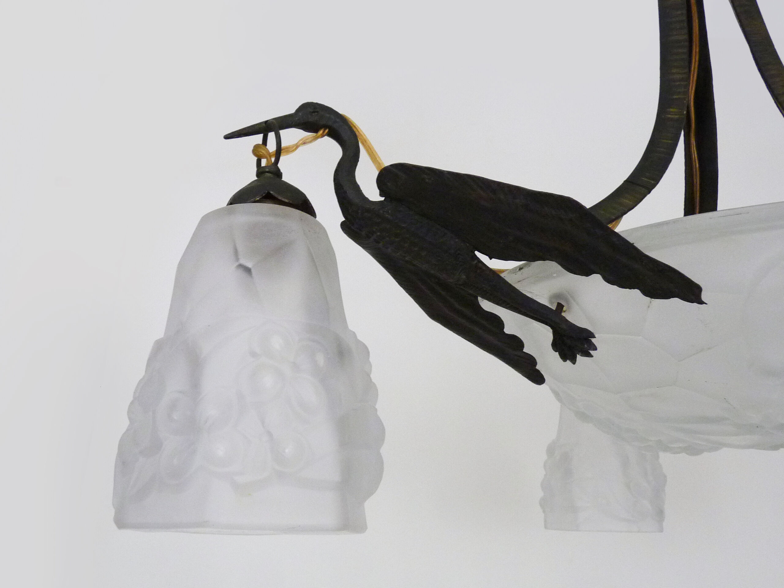 Art deco wrought iron chandelier - signed ros (degué) decoration birds