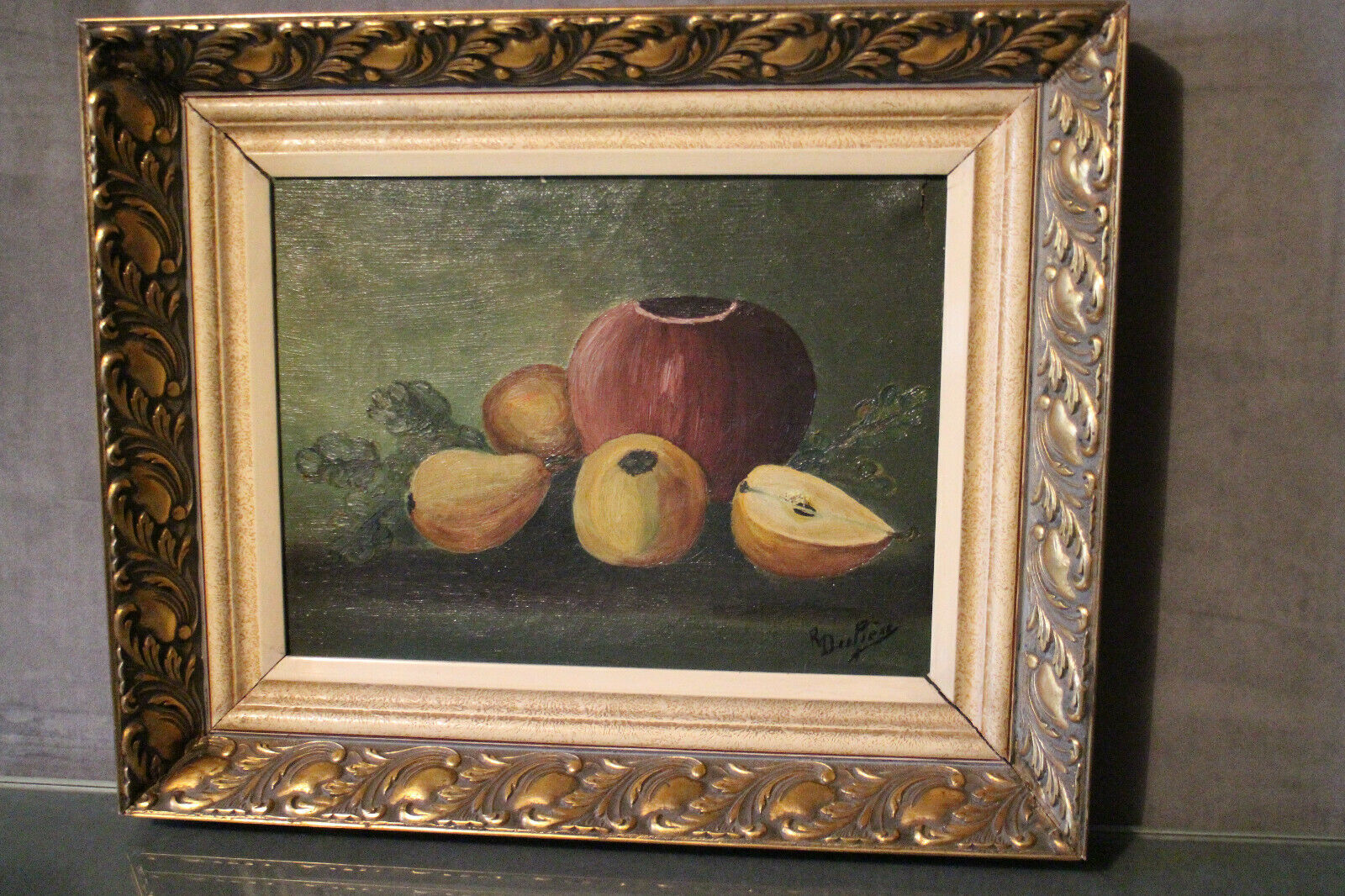 Table oil on canvas still life frame golden wood Regency style