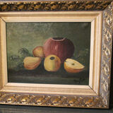 Table oil on canvas still life frame golden wood Regency style