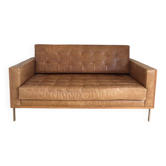 Modern wooden and brown leather sofa