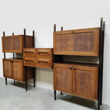 Rare Italian midcentury design modular teak webbing wall unit cabinet
