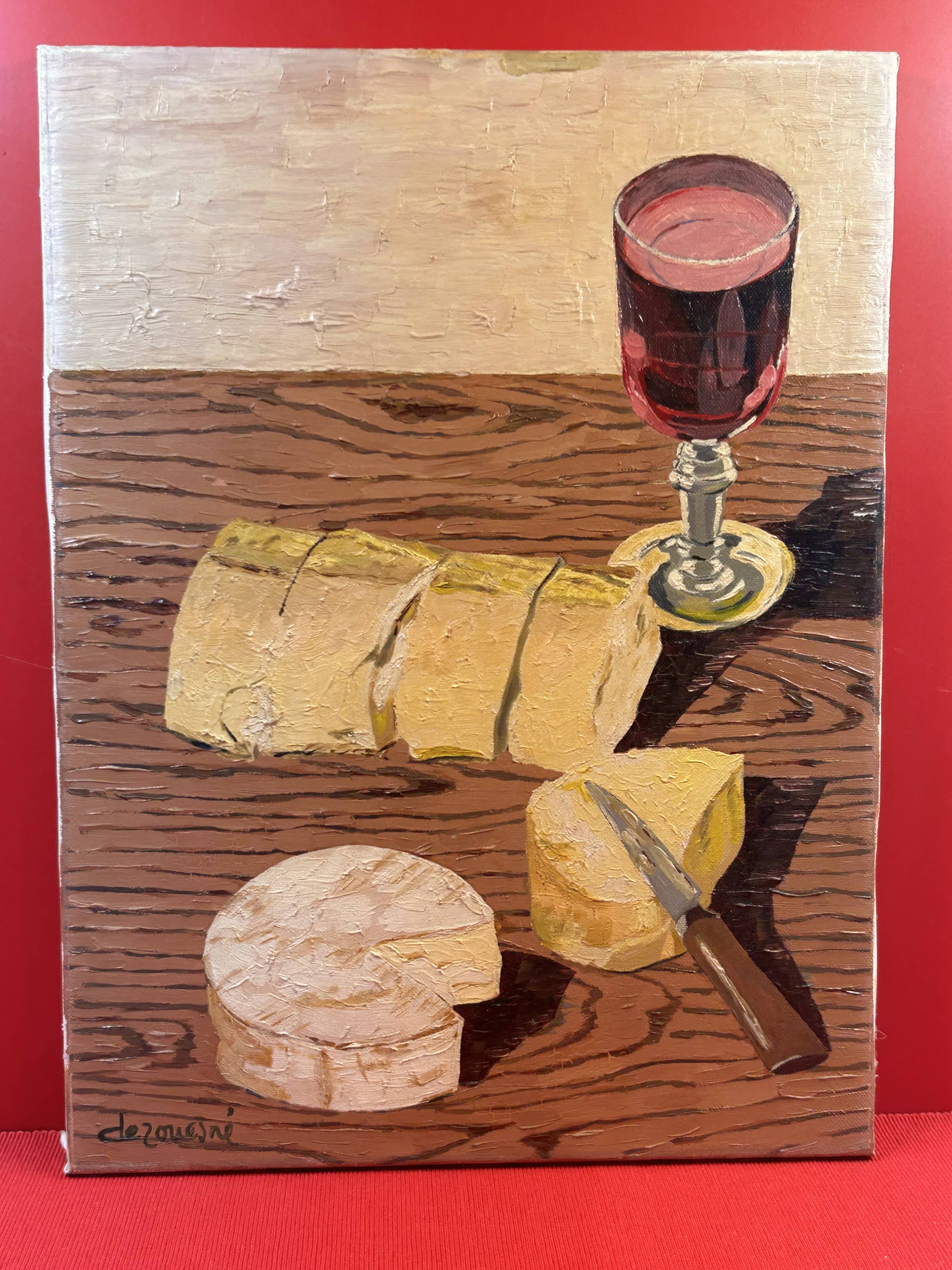 Oil/canvas Still life Snack camembert, bread red wine Derouesné