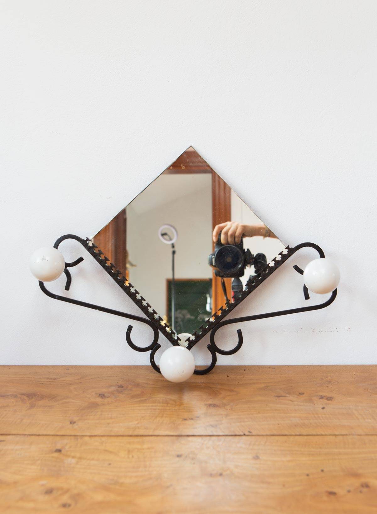 Small French wrought iron coat rack with mirror c. 1950