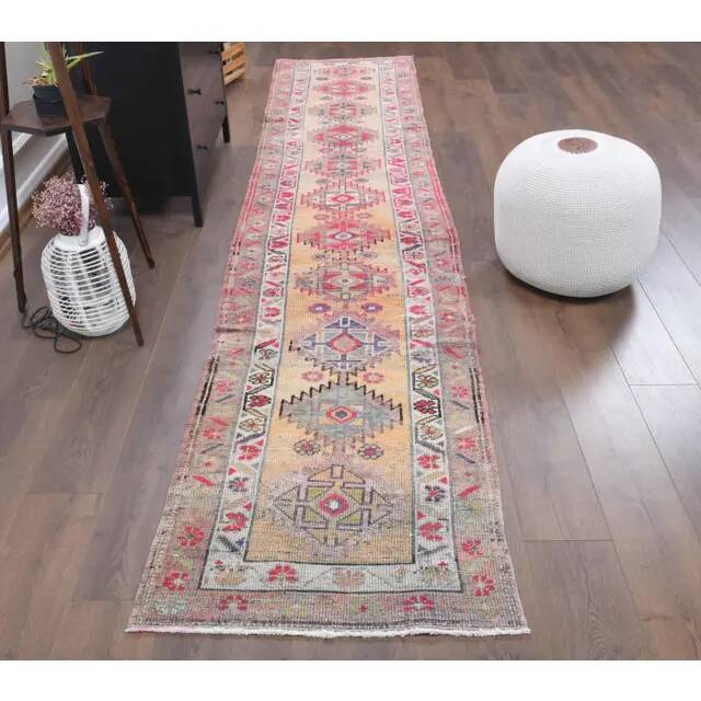 1970s Turkish Hand-Knotted Wool Cotton Pink Runner 81x380
