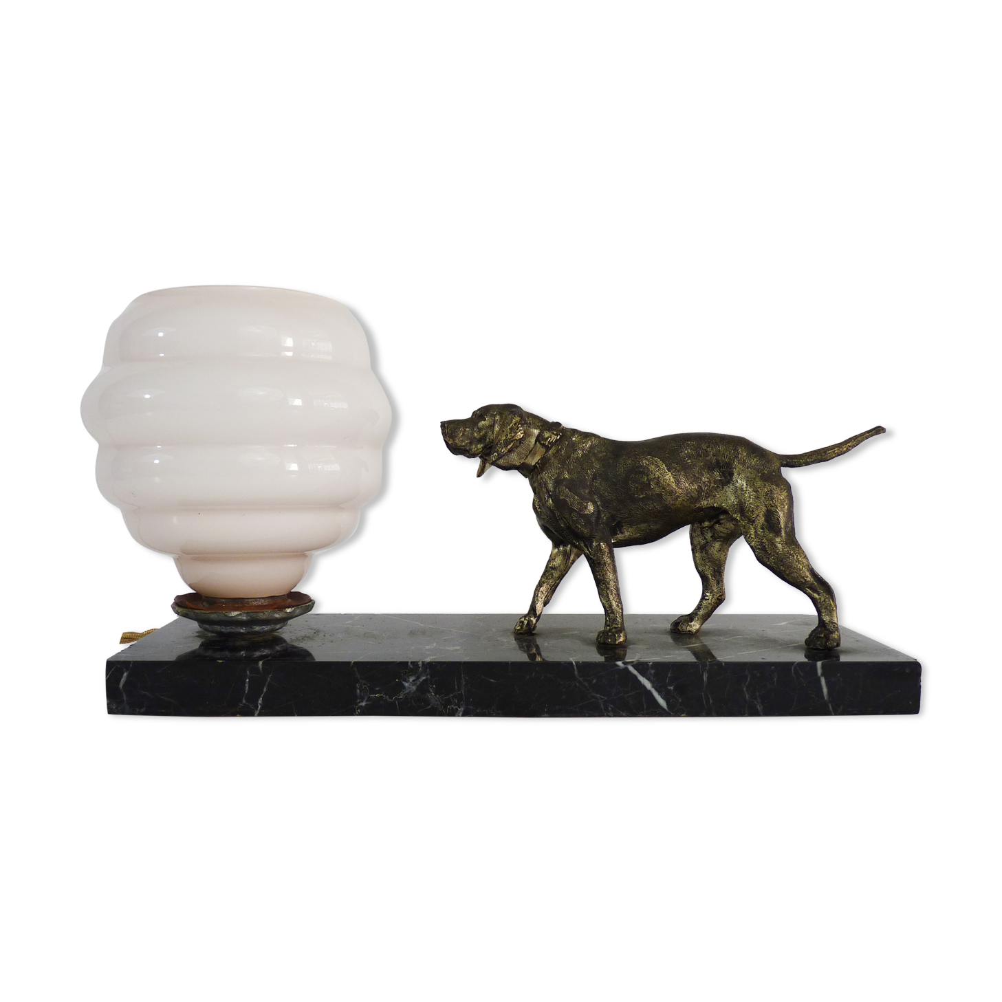 Lamp, Art Deco night light, dog on black marble base, pink globe. Year 30