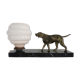 Lamp, Art Deco night light, dog on black marble base, pink globe. Year 30