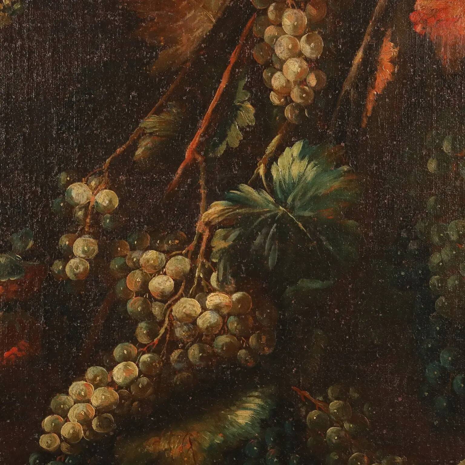 Old painting of still life with flowers, fruits, and birds from the 18th century.