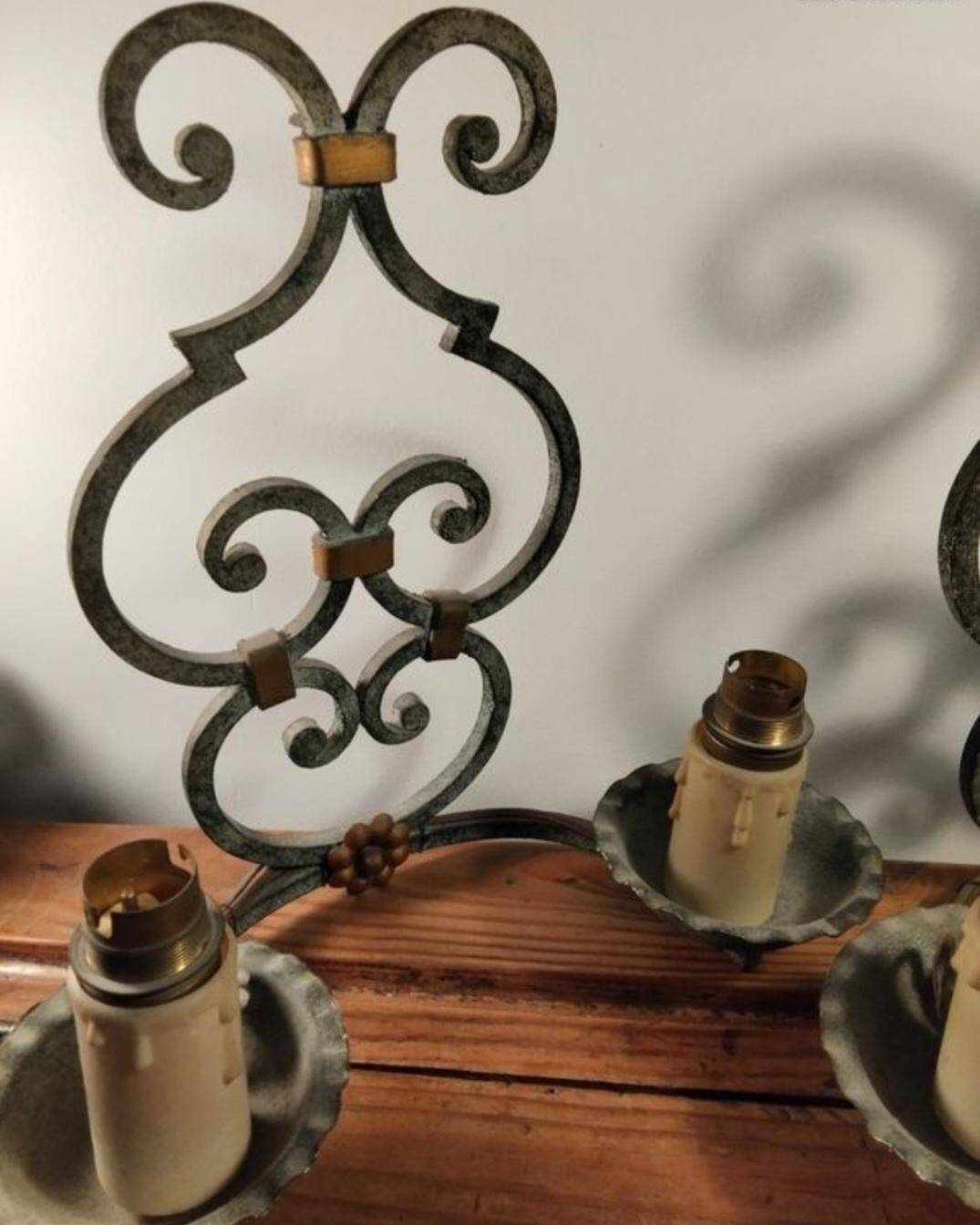 Pair of antique wrought iron wall lights gilbert poillerat baroque 1940