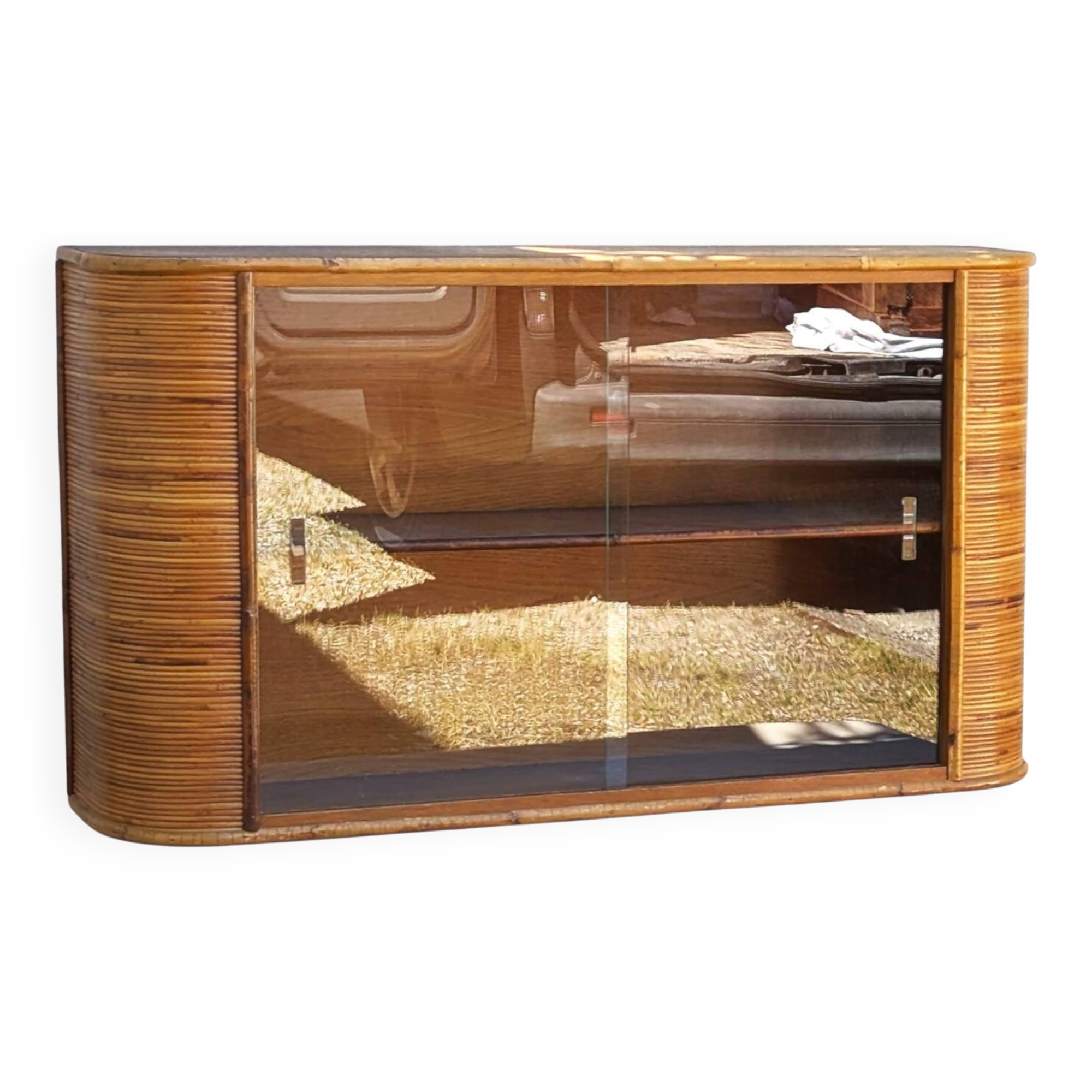 Vintage Glass Wall Shelf in Wood and Rattan, Rounded Corners