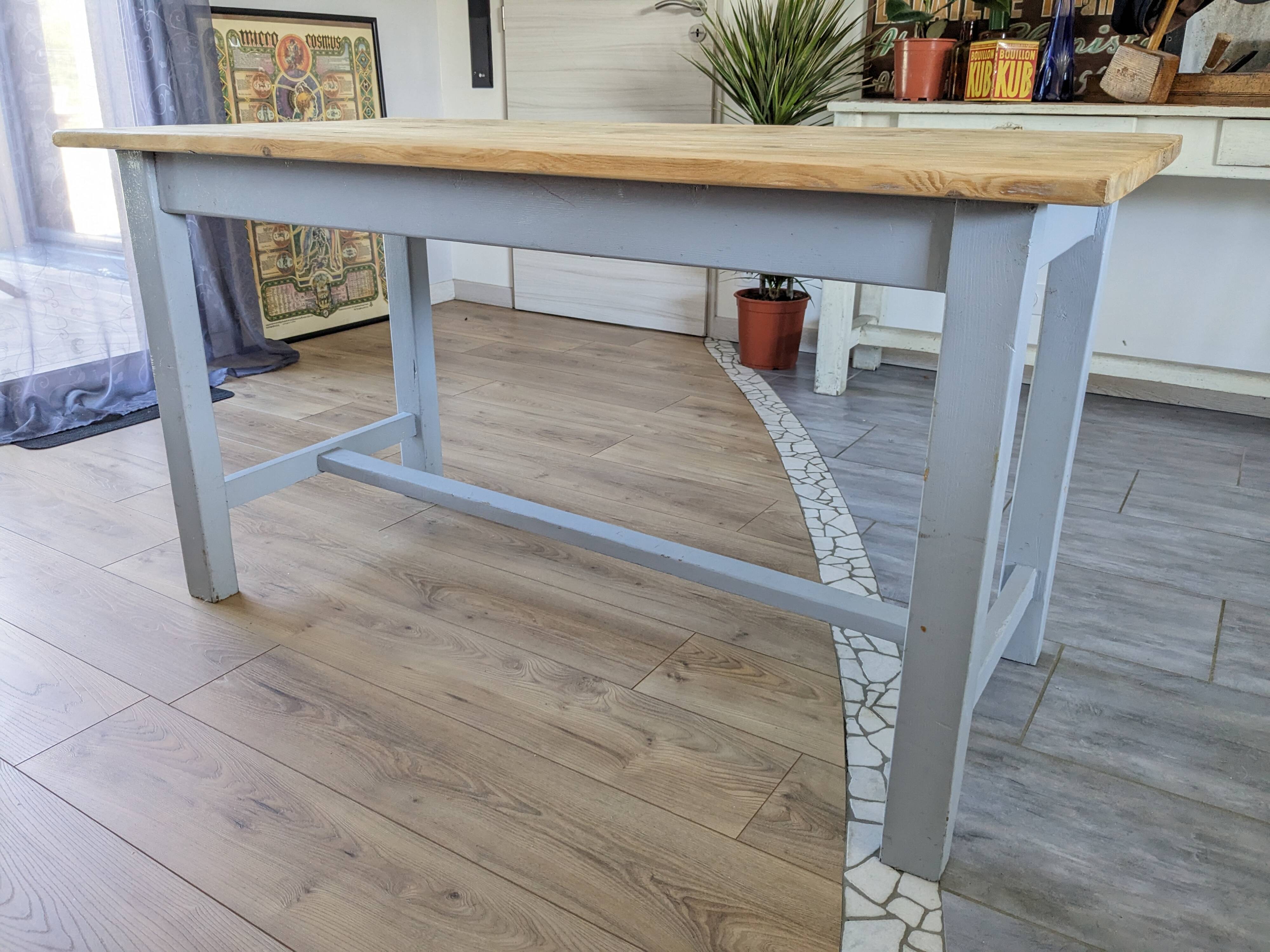 Sky blue and light wood farm table early 20th century 138 cm