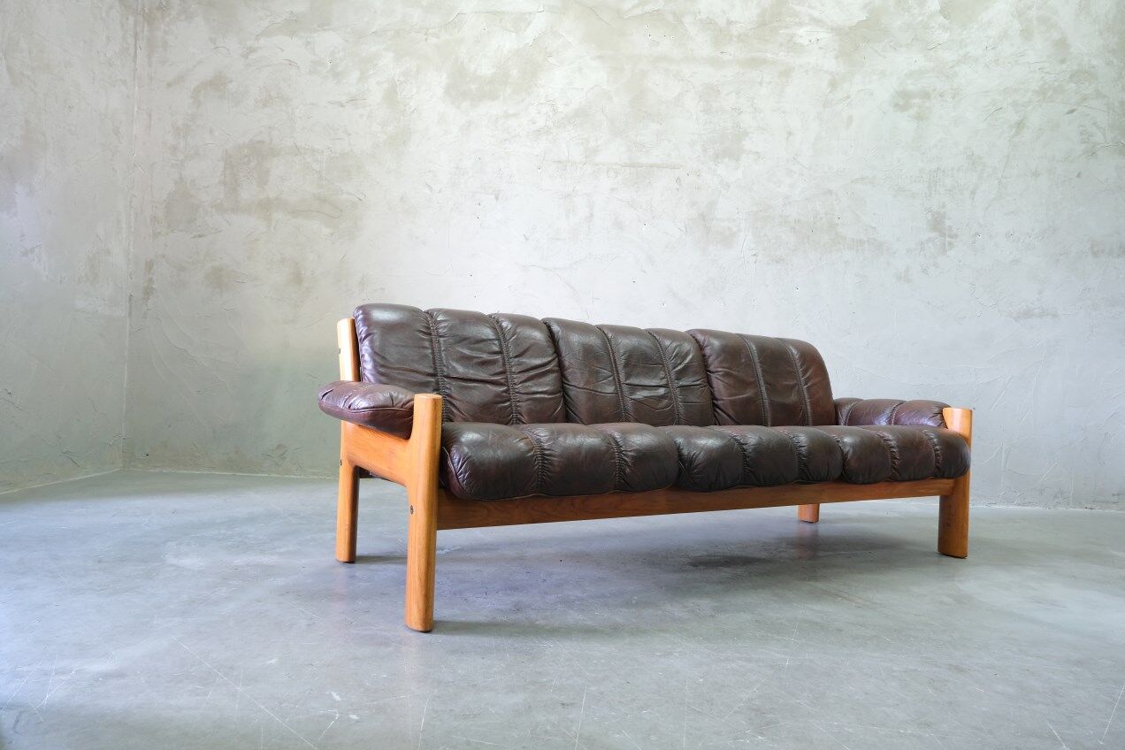 Mid-Century Teak and Leather 3-Seater Sofa from Ekornes, 1970s