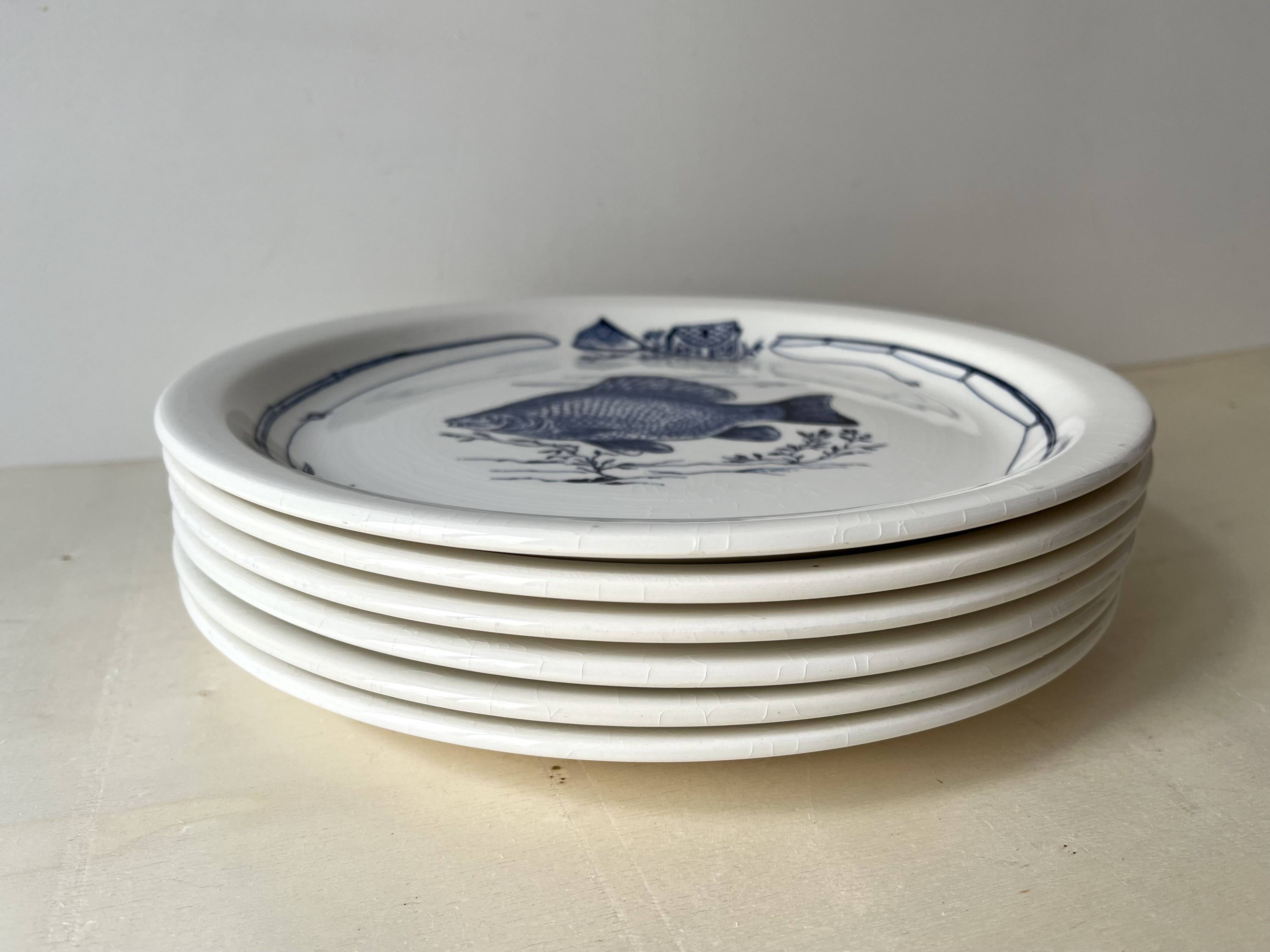 Set of 6 vintage GIEN France fish plates, flat plates with fishing decor