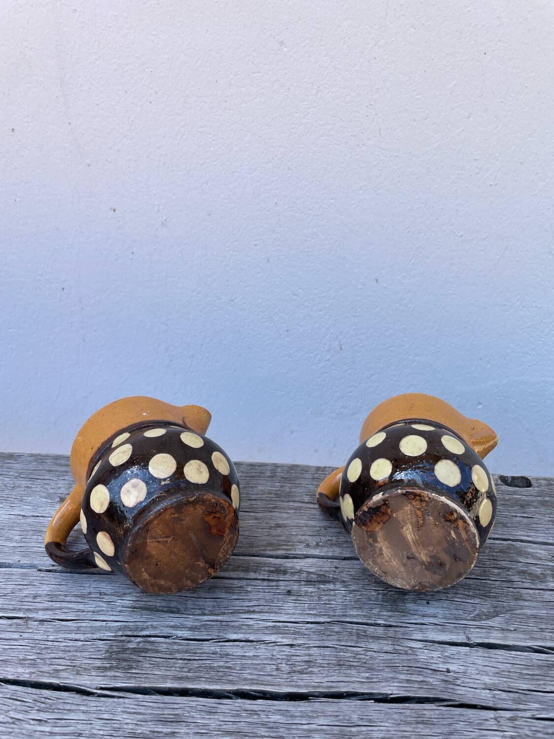 Duo of small Italian polka dot jars