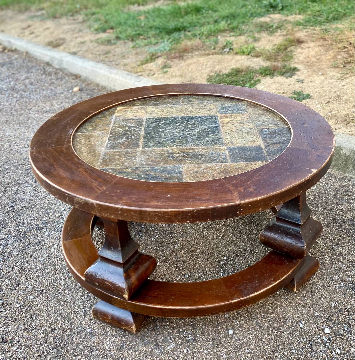 Round stone and wood coffee table