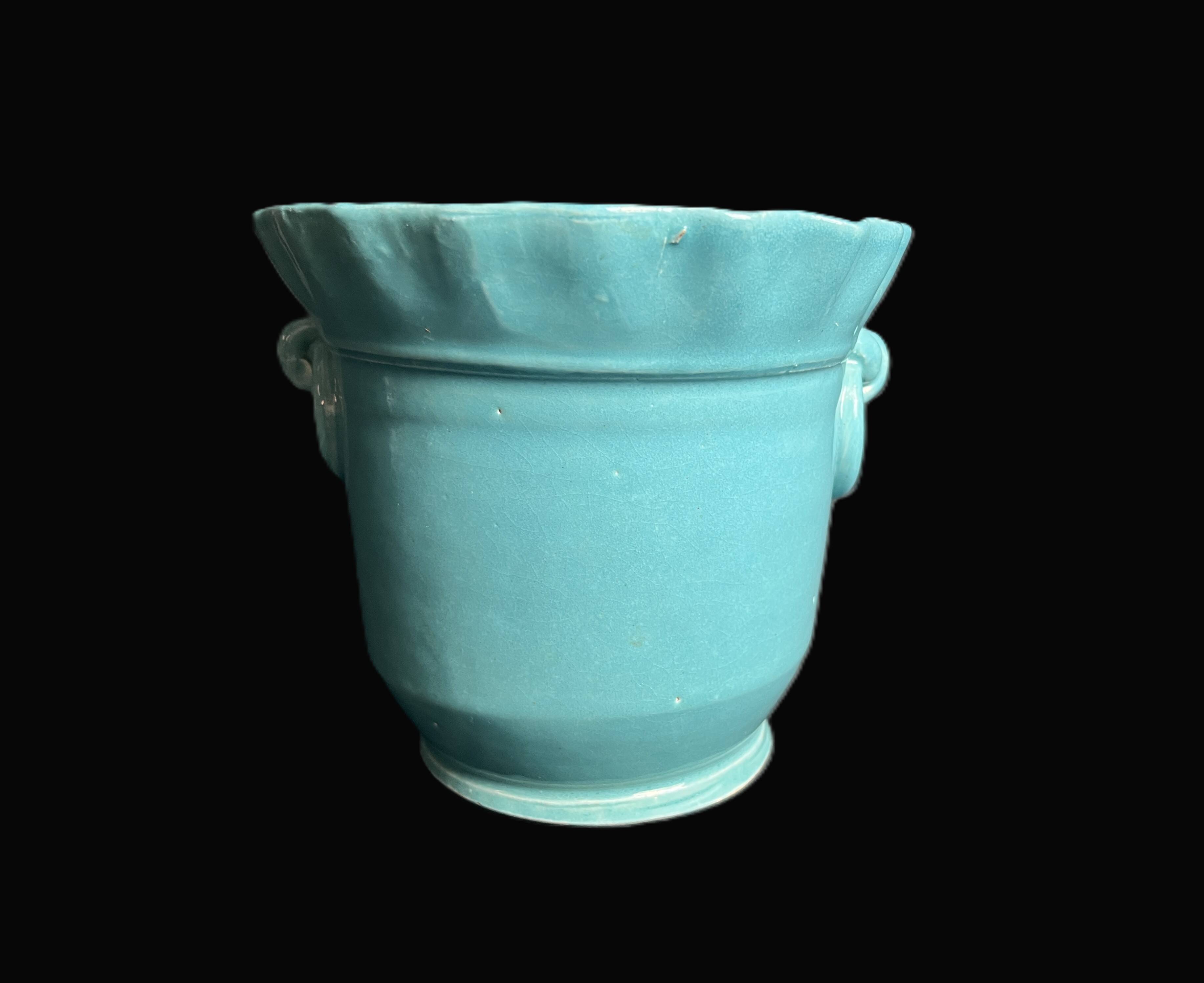Turquoise ceramic cache pot signed Yvon Roy circa 1950