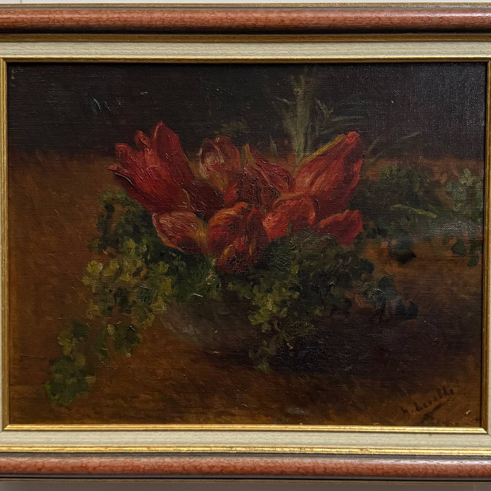 Oil on panel still life with tulips, early 20th century.