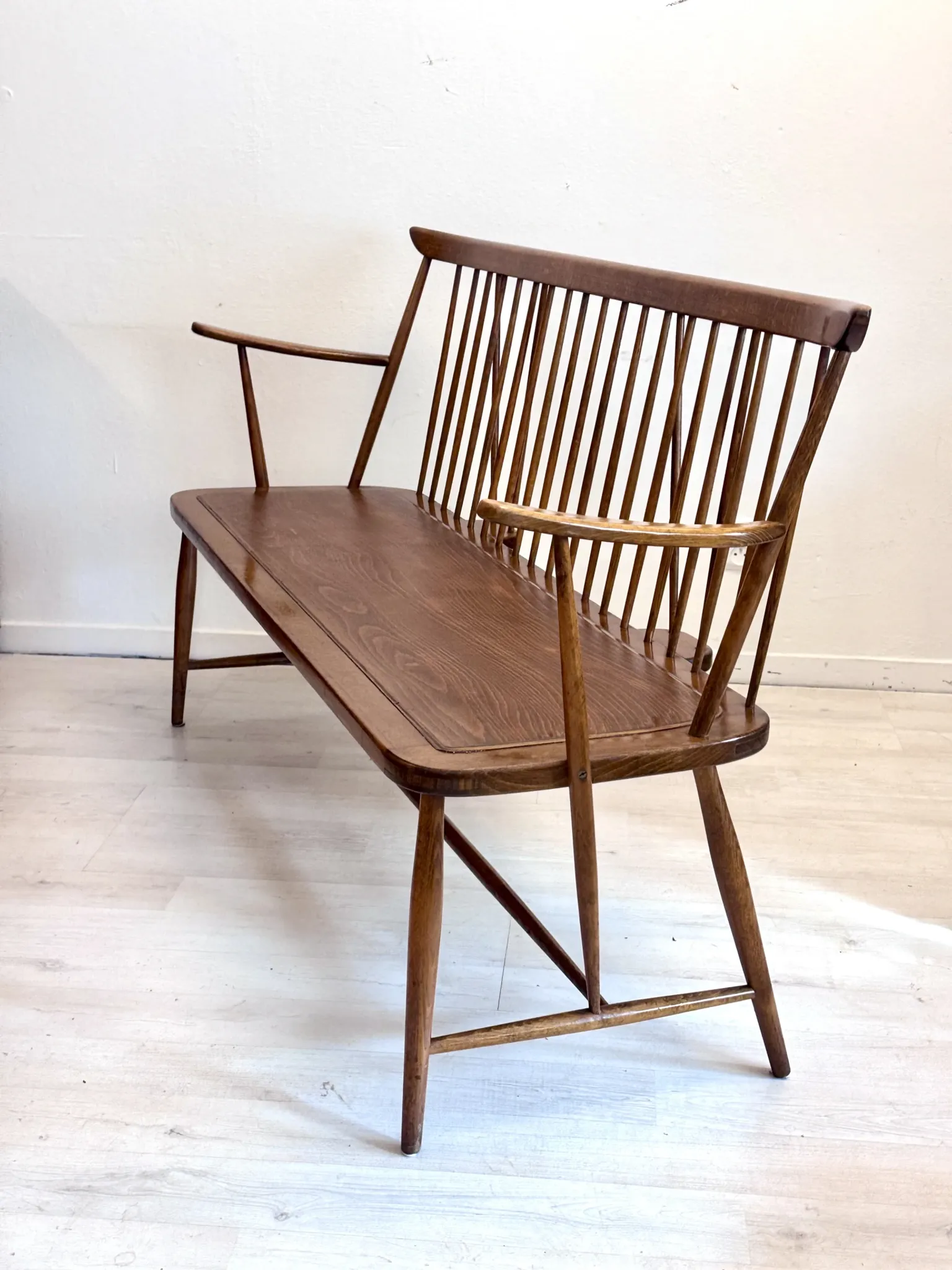 Vintage mid-century slatted bench from the 1960s.