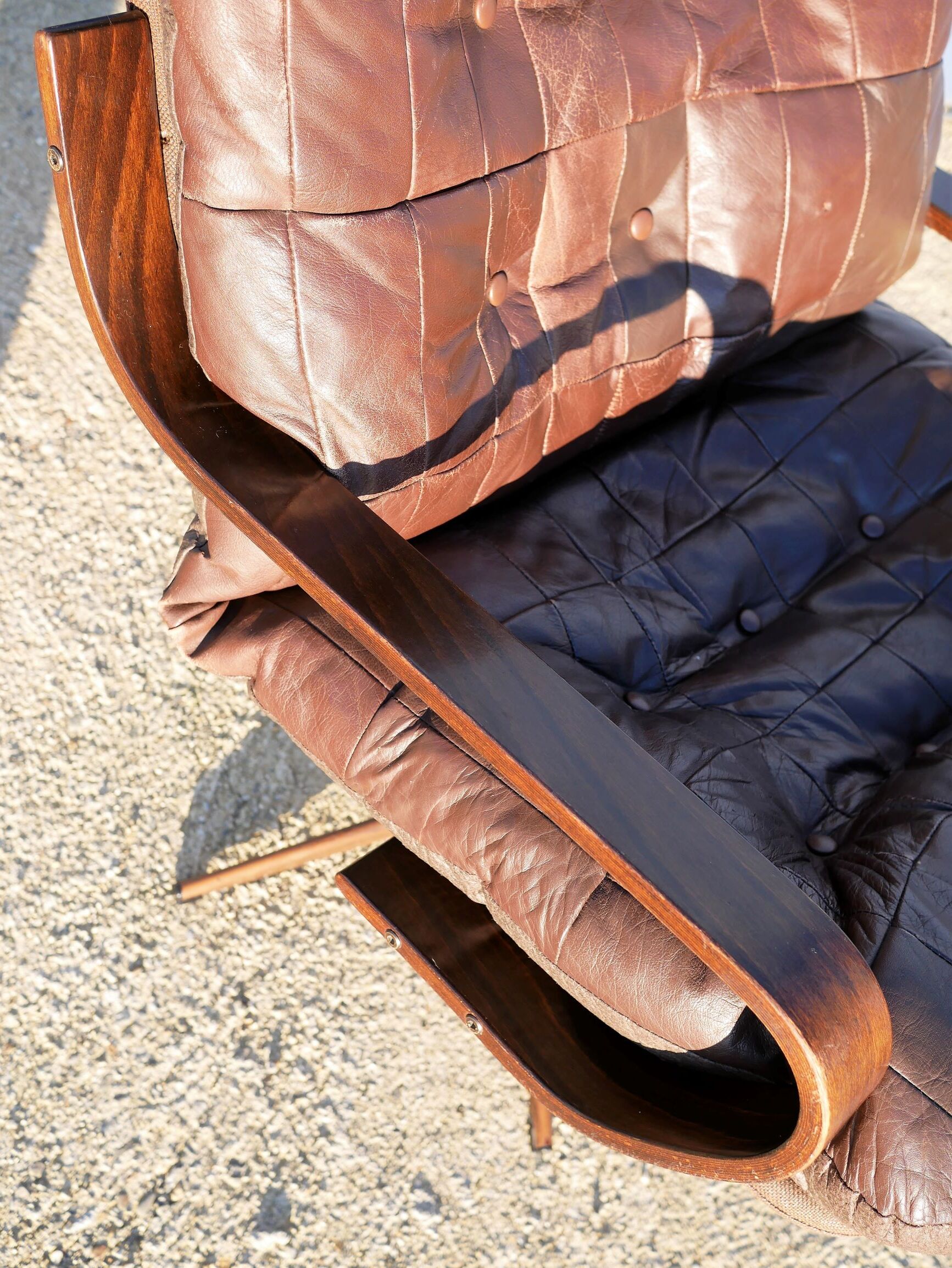 Armchair swivel vintage leather, wood and metal