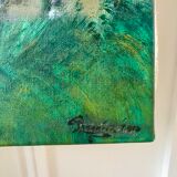 Tableau huile sur toile paysage église pointillisme ancien
