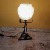 Art Deco lamp in metal and speckled blue opaline glass globe