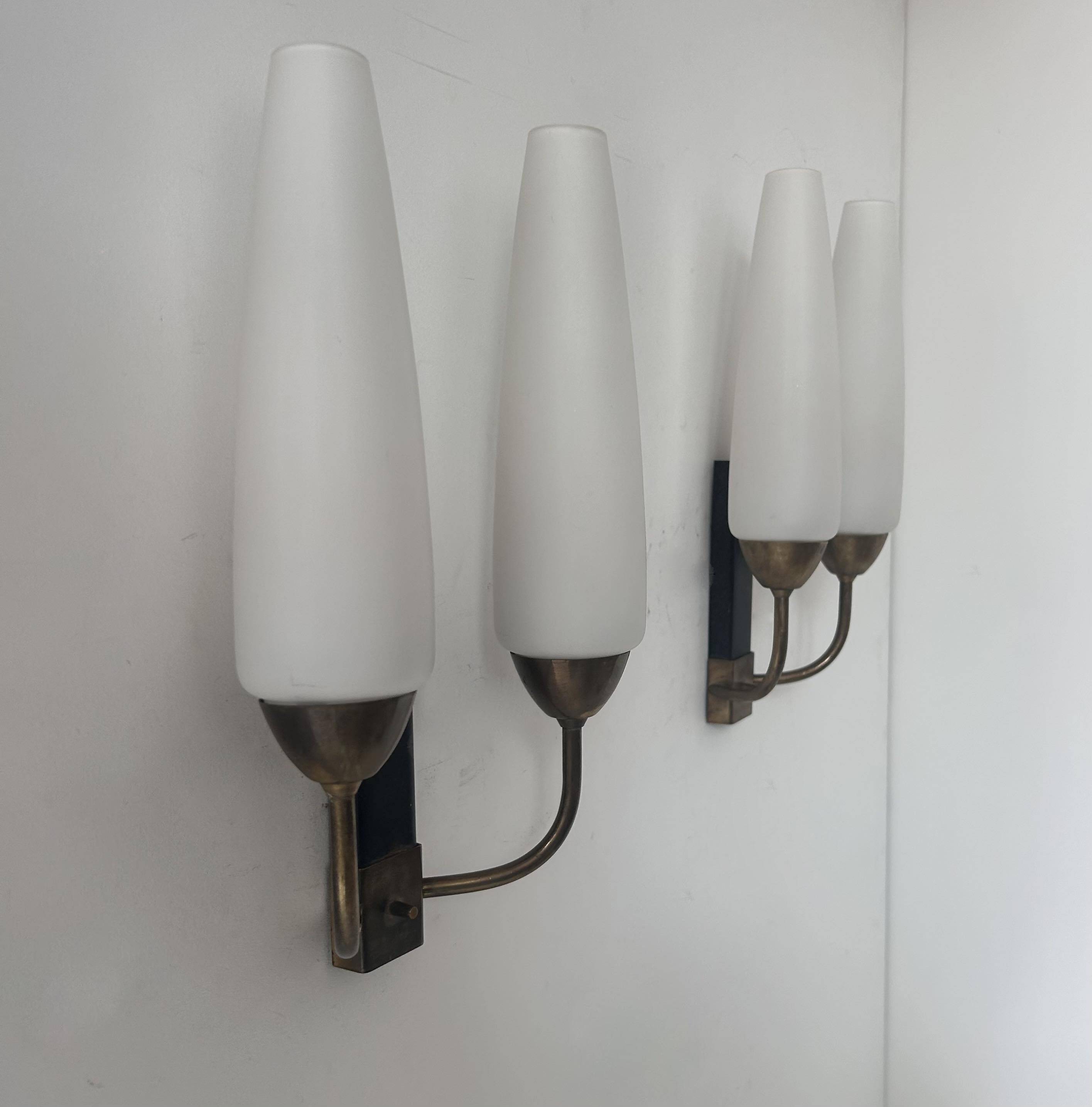 Pair of vintage double wall lights, brass and opaline, France 1950