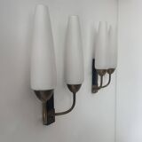 Pair of vintage double wall lights, brass and opaline, France 1950