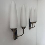 Pair of vintage double wall lights, brass and opaline, France 1950