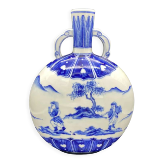 Vase gourde chinois en porcelaine blanche et bleue