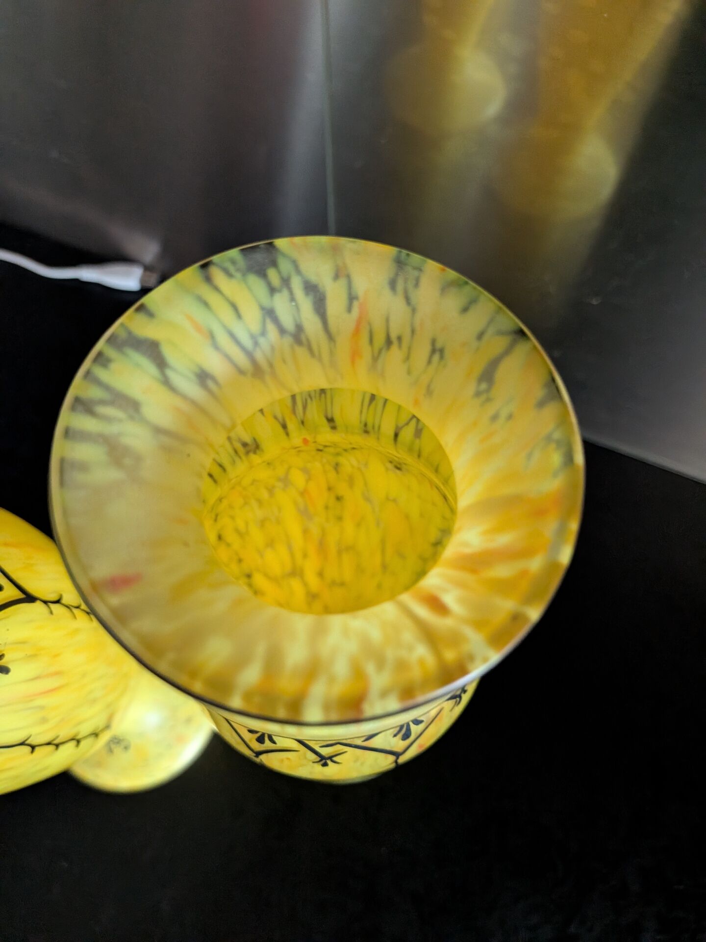 Pair of Legras vases — yellow marbled glass, enamelled Art Deco decoration,