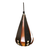 Hanging lamp in thin metal pieces, copper colored and black with prisms.