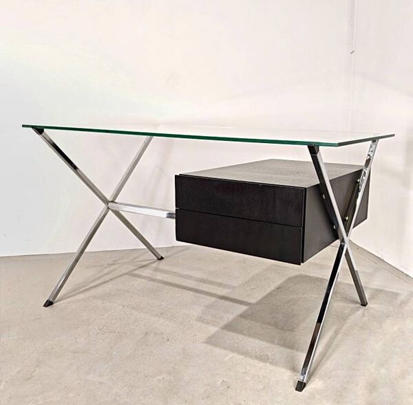 Bureau chrome, verre et bois par Franco Albini pour Knoll International