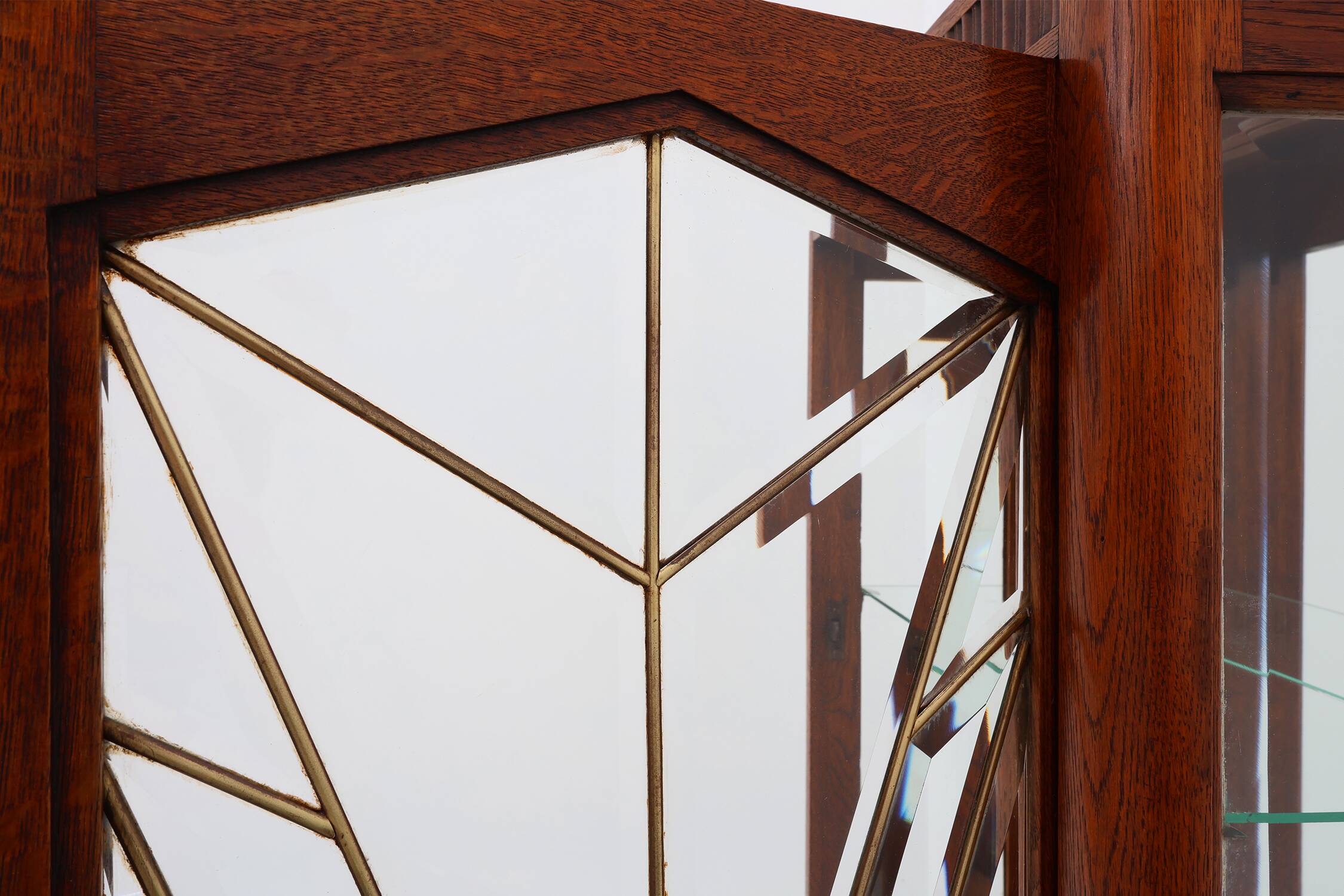 French Art Deco Oak Cabinet with Beveled Leaded Glass, ca. 1920