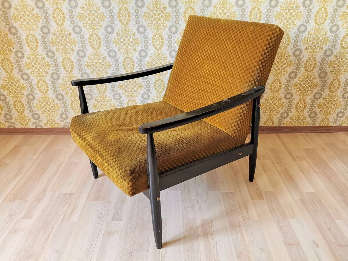 Vintage Yellow Fabric Armchair: Mid-Century Modern Lounge Chair