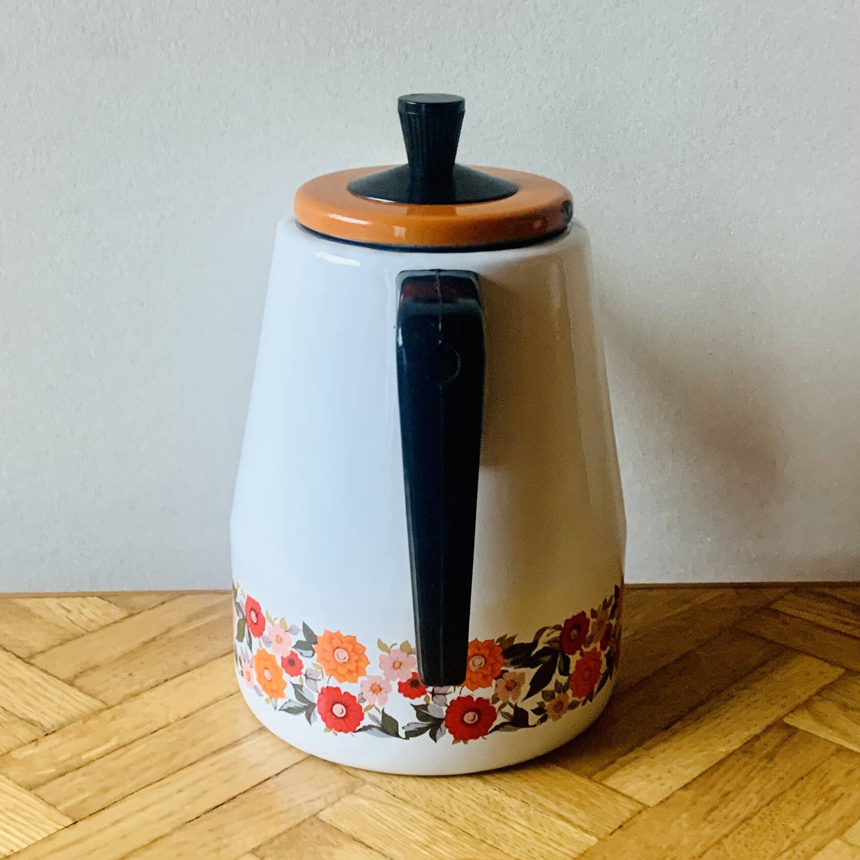 Vintage enameled metal coffee maker - floral decor