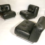 Set de 3 chauffeuses sofa cuir 1970