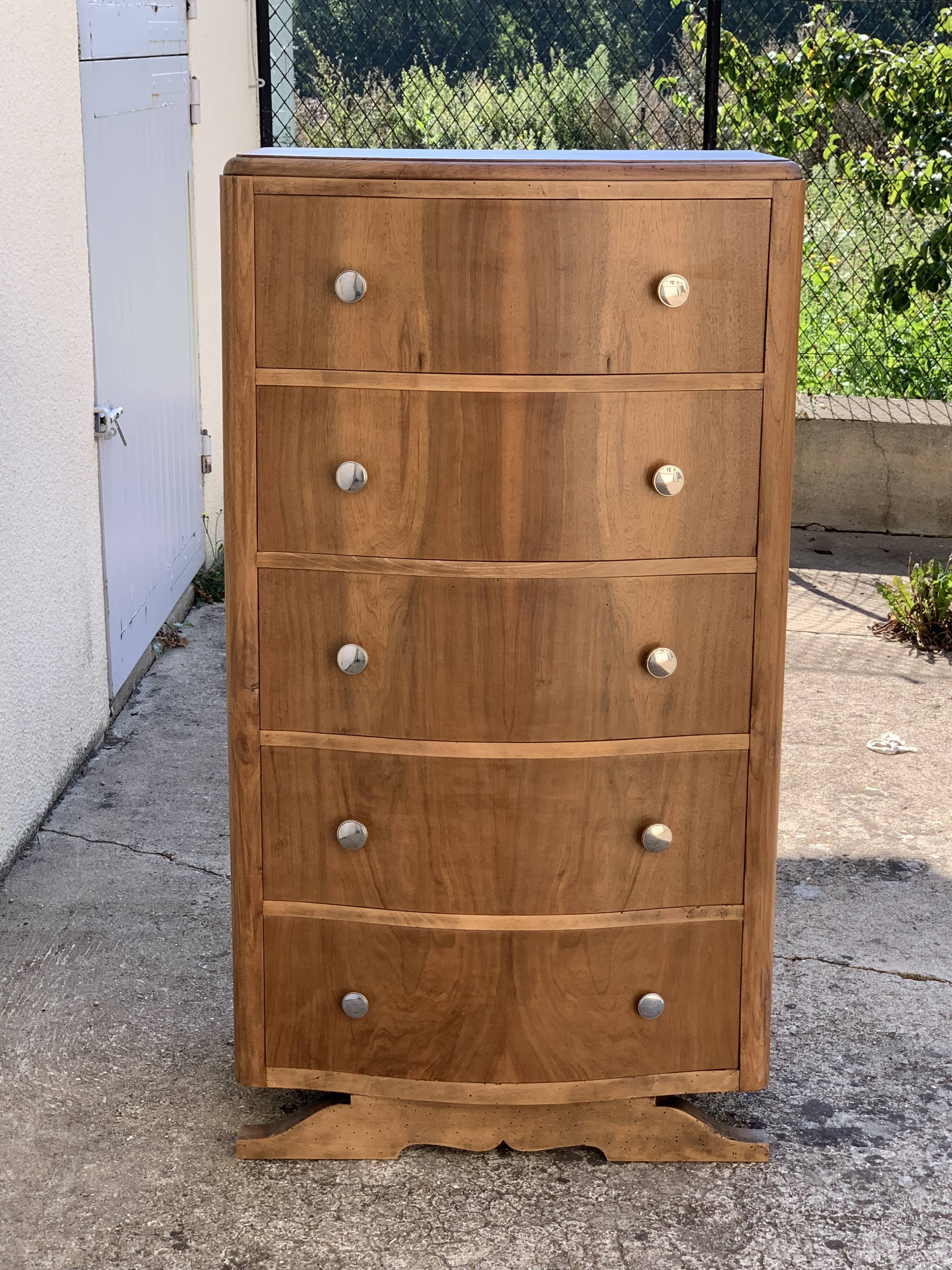 High art deco chest of drawers with mustache feet in raw walnut, 1930s